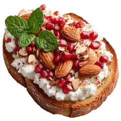 Healthy vegan sandwich. Bread toast is layered with cottage cheese, pomegranate seeds, crushed almonds, and mint leaf garnish. Isolated object, transparent background