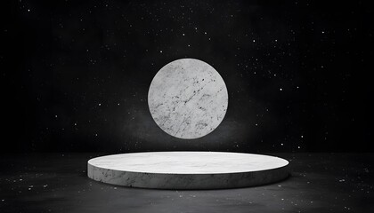 Round marble pedestal on dark background with starry night effect.
