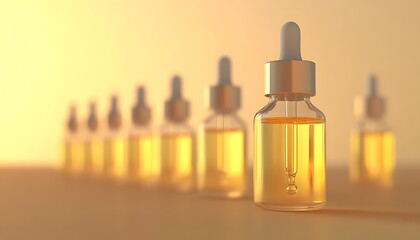 Glass dropper bottles filled with amber liquid against a soft, muted background.