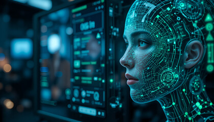 Futuristic Woman with Digital Overlay AI Technology Network Interface Concept Art