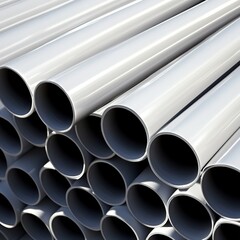 Neatly stacked white PVC pipes with smooth surfaces, showcasing the regularity and practicality of construction materials.