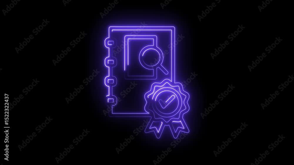 Poster neon style animation of quality assurance process with document and magnifying glass