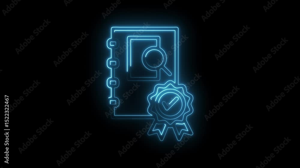 Poster glowing neon verification process on notebook with magnifying glass on dark background