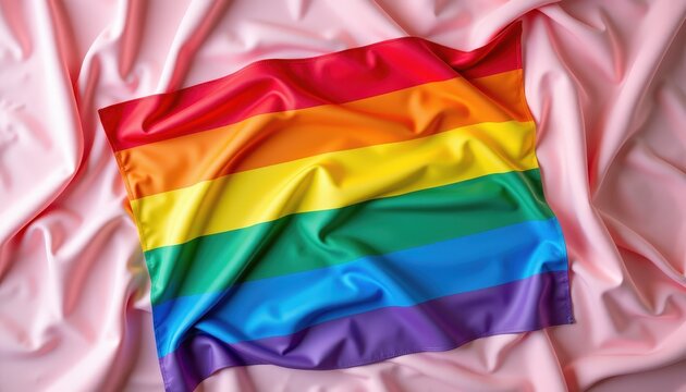 flat lay of non binary pride flag on soft linen fabric, gentle folds and clean surroundings