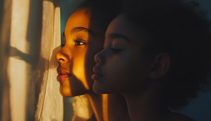 Two children by a window, bathed in golden sunlight.