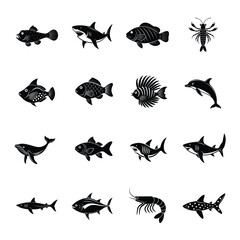  A set of sea fish silhouette vector illustrations