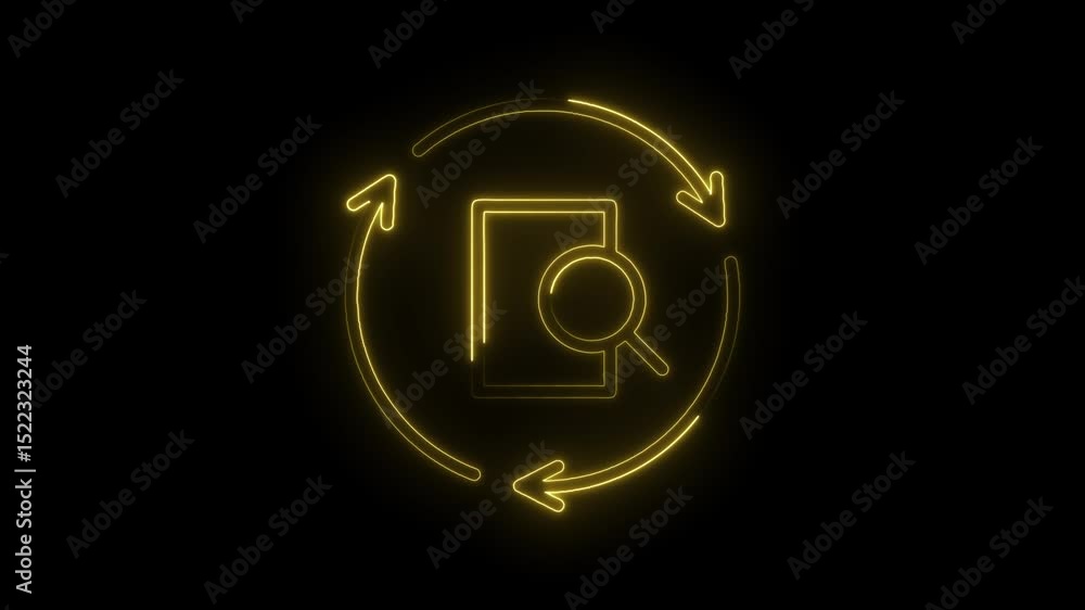 Poster animated search icon with rotating arrows glowing yellow on a black background