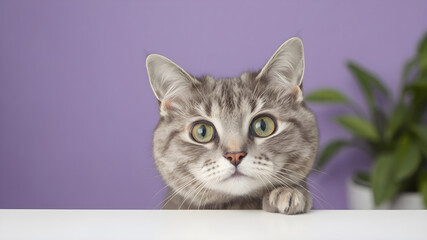 beautiful funny grey British cat peeking out from behind a white table with copy space isolated purple