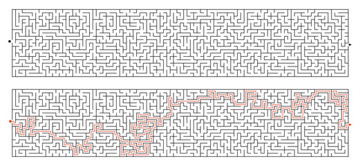 Long Maze Puzzle with Solution – 20x100 Grid Vector Labyrinth Template. Extra long rectangular maze puzzle with solution included.
