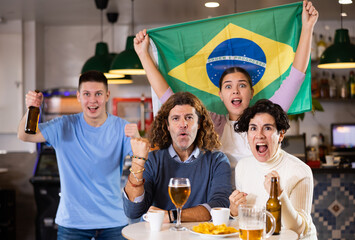 Company of enthusiastic young adult sports fans waving flag of Brazil and supporting national team with beer in pub