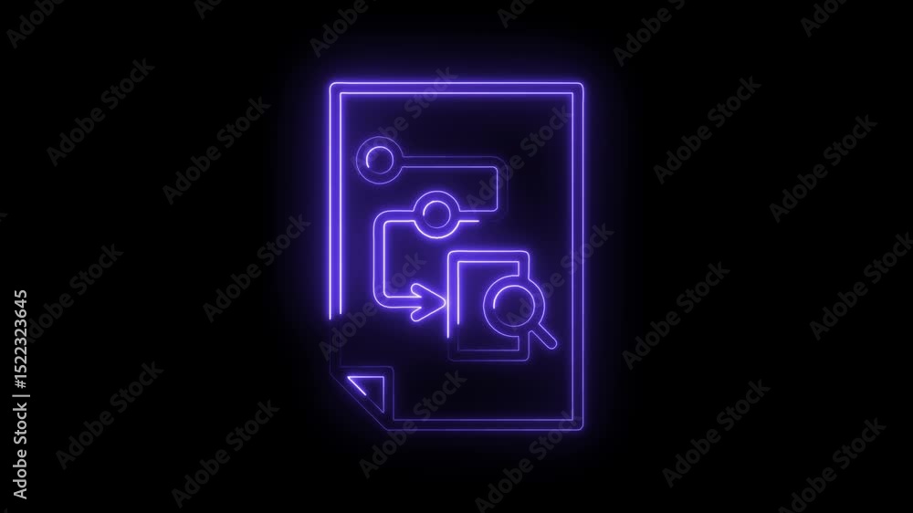 Aufkleber neon flowchart on paper sheet with search icon animation on black background