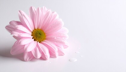 beautiful pink chrysanthemum with dewdrops sticking to the flower on a white background. natural texture with sharp and rough edges in a minimalist layout, minimal background.
