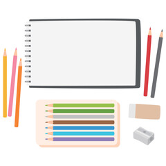 Hand-drawn vector of school supplies including a sketchbook, colored pencils, eraser, and sharpener. Ideal for kids or educational use.