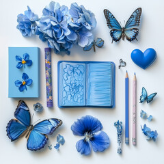 
Collage of blue-themed objects, including a book, a crayon, a butterfly, a flower, a pencil, another flower, a heart