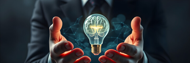 Businessman holding a glowing lightbulb with brain symbol representing idea and innovation