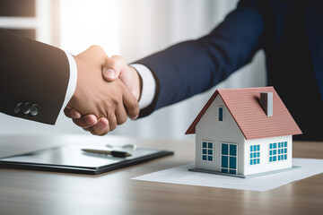Two businessmen shaking hands after finalizing a contract for purchasing a new house, representing a successful real estate deal