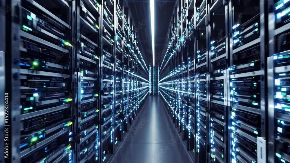 Aufkleber Expansive AI server farm with glowing lights, modern technology, futuristic atmosphere in data center, advanced network and light