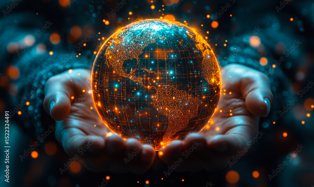 Poster hands holding glowing digital globe with illuminated network connections representing global communi