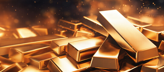 Stacking numerous gold bars together, creating an impressive display of wealth and abundance, radiating luxury and prosperity