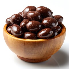 Delicious Chocolate Covered Almonds in Wooden Bowl Gourmet Candy