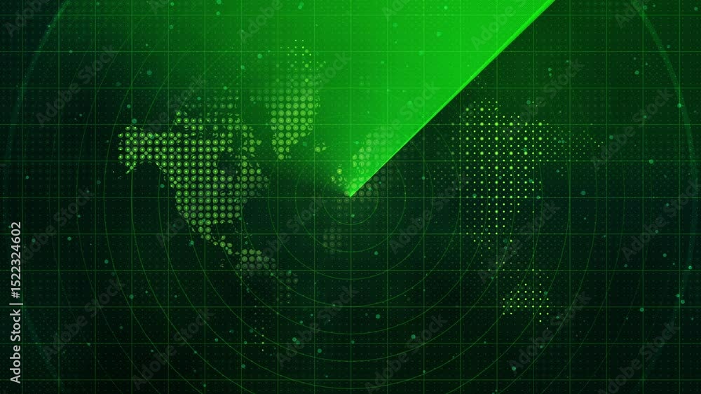 Poster green radar screen with stylized world map and scanning radar beam - circular grid and glowing dots 