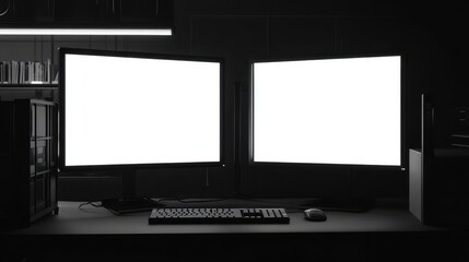Monochrome Desktop Setup Featuring Dual Blank Displays and Keyboard Integration