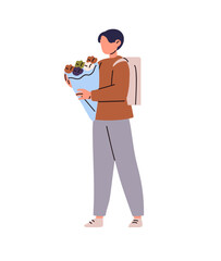Student with backpack carries bouquet to school for Knowledge Day. Kid brings posy to present it to teacher. Happy boy with gift flowers goes for holiday. Flat isolated vector illustration on white