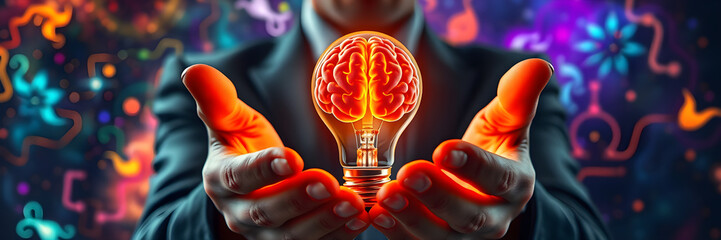 Businessman cradling a glowing brain inside of a lightbulb representing ideas and innovation.