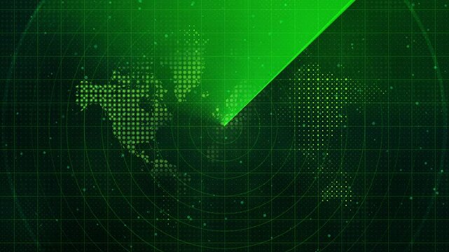 green radar screen with stylized world map and scanning radar beam - circular grid and glowing dots digital display