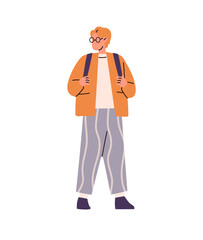 Obraz premium Excellent student in glasses stands with backpack. Happy kid with eyeglasses, schoolbag. Child carries rucksack to the lesson. Boy with knapsack for school. Flat isolated vector illustration on white