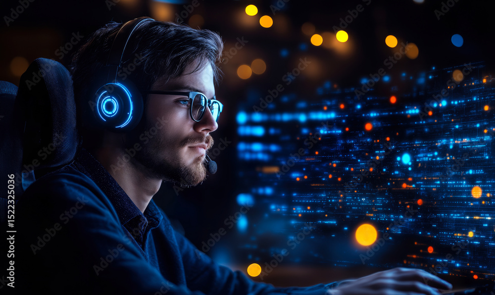 Poster focused young man wearing headset with microphone working on computer with futuristic digital interf