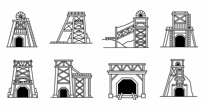 Collection of Coal Mine Shaft Headframes and Entrance Illustrations Set