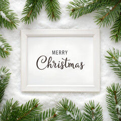 Merry Christmas Text in White Frame Surrounded by Green Pine Branches on Snowy Background
