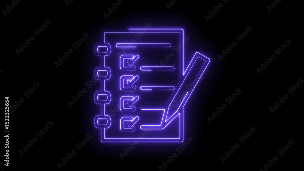 Poster animated checklist with checkmarks and a pencil in neon style on black background