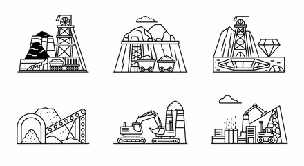 Mining Industry Outlines: Coal, Minerals, Diamond Extraction Icons