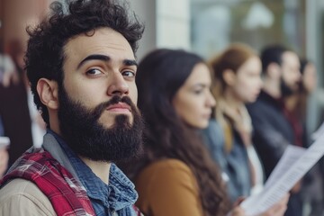 Fototapeta premium Confident Hipster Man Introducing Himself at a Forum with Registration List and Attendees in Line