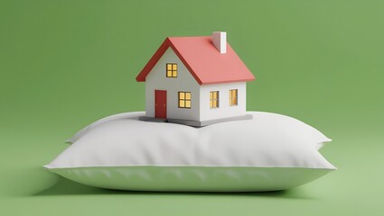 Cute miniature house model with red roof placed on soft white pillow, symbolizing home safety and comfort