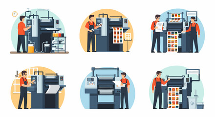 Offset Printing Machine Operator at Work Illustration Set