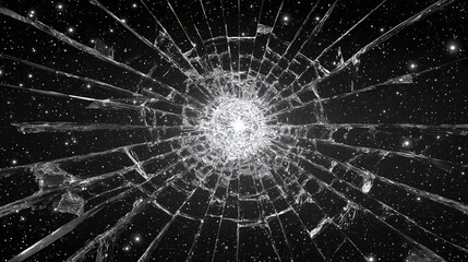 Fototapeta premium Shattered illusion of the cosmos. A view of space and stars seen through a shattered glass, depicting fragility of existence.