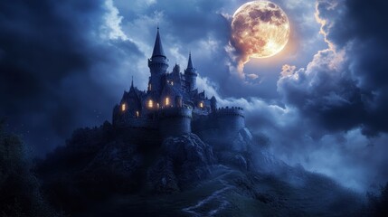 Majestic castle illuminated by a full moon surrounded by dramatic clouds
