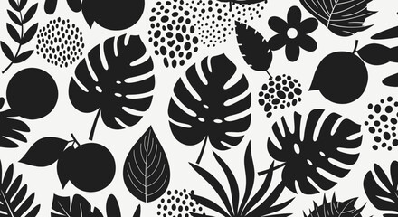 Monochrome Botanical Pattern with Tropical Leaves and Fruit Silhouettes