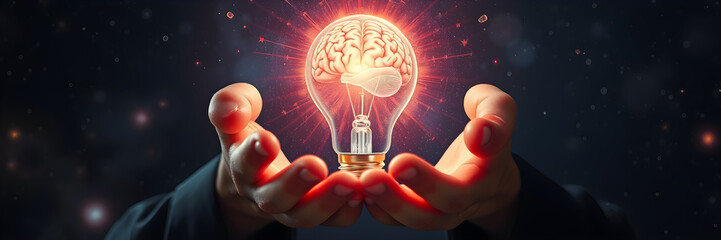 Creative idea concept depicted by hands holding a bright glowing brain inside a light bulb