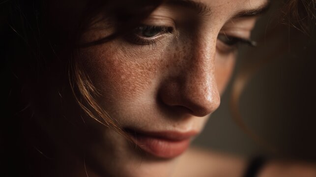 Create an intimate close-up where the subject&acirc;&euro;&trade;s eyes are gently downcast and their lips form a small, regretful line. Use low-key, directional lighting to cast soft shadows that evoke subtle shame