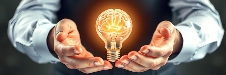 Creative idea brain inside lightbulb held by hands illustrating thought innovation inspiration