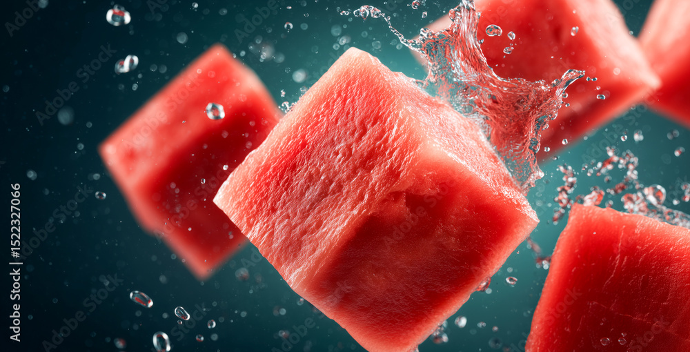 Poster juicy watermelon cubes burst through the surface of water, creating lively splashes. the vibrant col