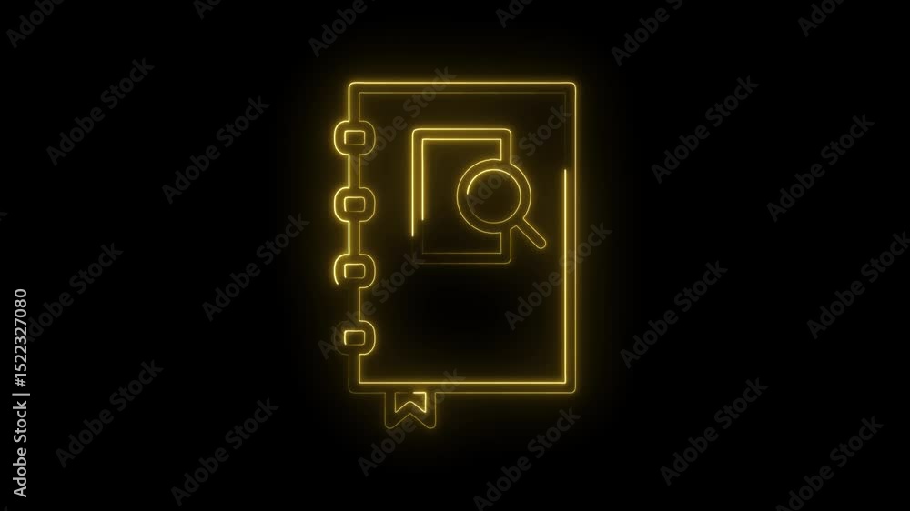 Aufkleber glowing notebook and magnifying glass icon animation on black background for data analysis
