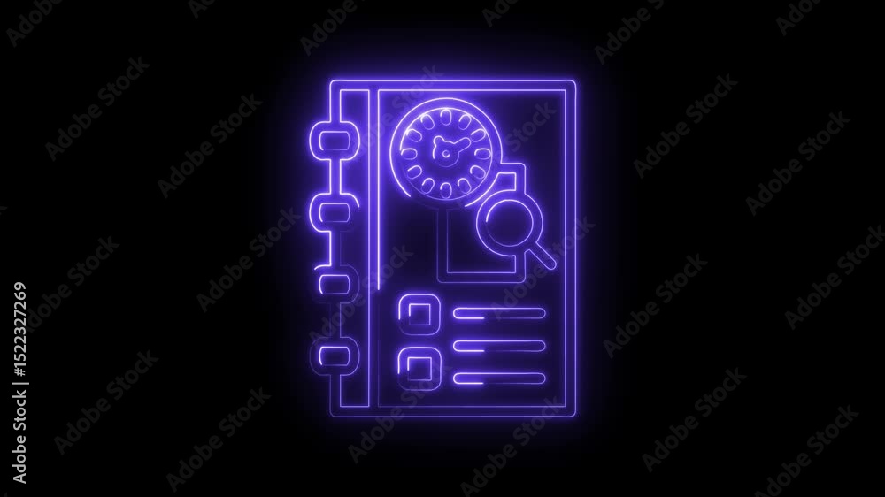 Poster neon style reminder notes with clock and magnifying glass on black background animation