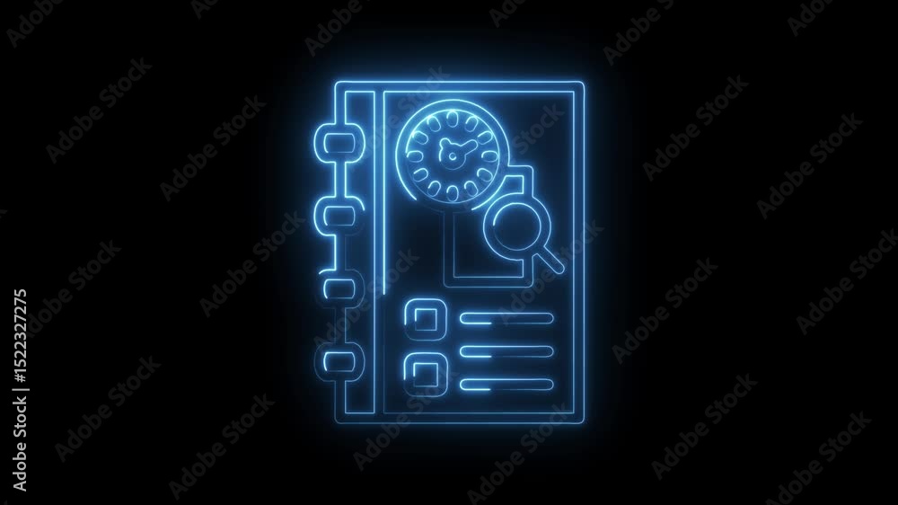 Poster notebook neon glowing time management and task search concept on dark background