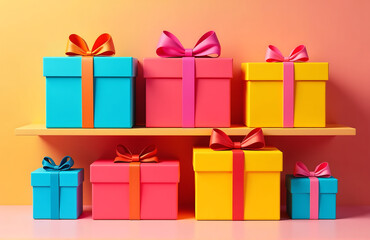 brightly colored presents arranged two rows one top create visually appealing