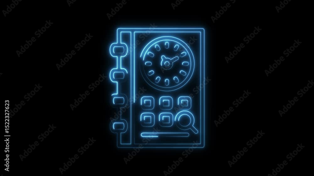 Poster digital organizer with clock and search tool neon light icon animation